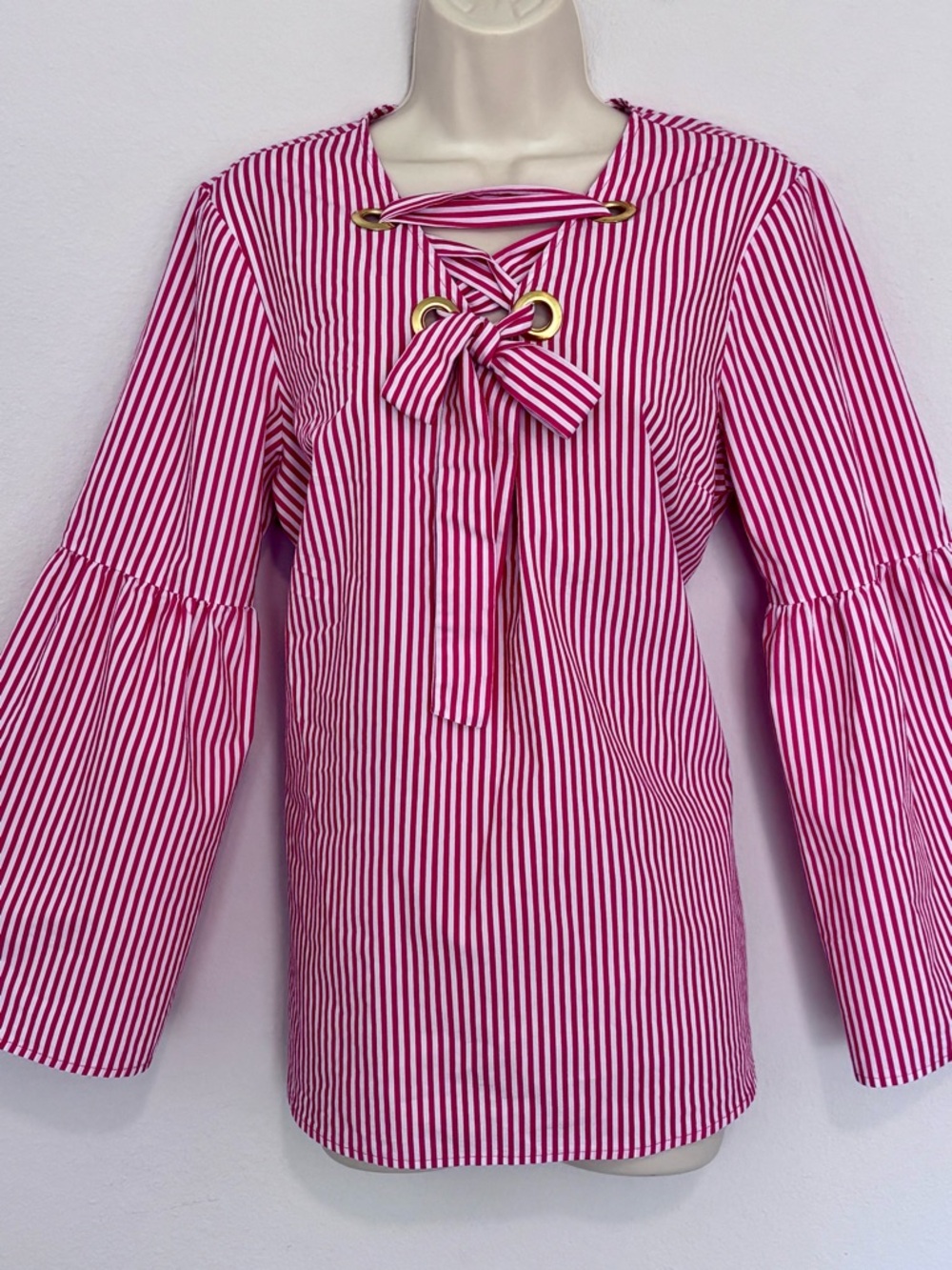 Michael Kors Striped Blouse L Bell Sleeve Lace Up Nautical Coral